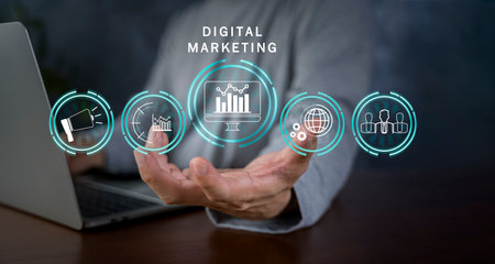 Hand shows the sign and icon of Digital marketing internet advertising and sales increase business technology concept, online marketing, E-business, Ecommerce, Business online.の写真素材