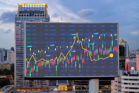 FOREX graph hologram on billboard, aerial night panoramic cityscape of Bangkok. The developed location for stock market researchers in Southeast Asia. The concept of fundamental analysisの写真素材