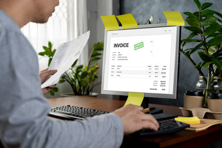 Hands of businessman analyzing invoice on laptop while checking bills. Rear view of latin man checking invoice while matching them on computer. Closeup of man hands calculating financial expenses.の写真素材