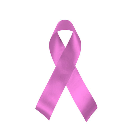 Realistic pink ribbon, breast cancer awareness symbol isolated on white background.の写真素材