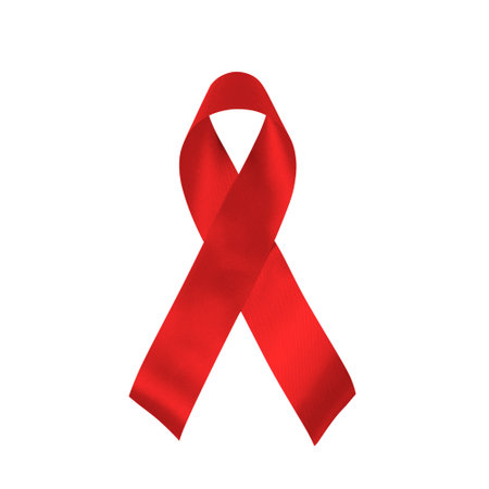 Red awareness ribbon on white background, close up. Realistic red ribbon, world aids day symbol, 1 december.の写真素材