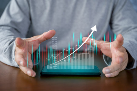 planning and strategy, Stock market, Business growth, progress or success concept. Businessman or trader is showing a growing virtual hologram stock, invest in trading.の写真素材
