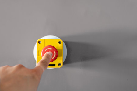 Close-up Of Person's Hand Emergency Bell On Table. An industrial emergency stop button with a finger pressing downの写真素材
