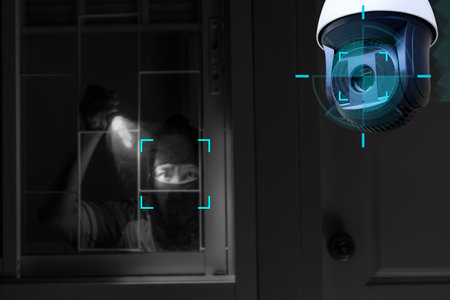 CCTV Camera Showing A Burglar Stealing Things In The House.Smart home security camera on the wall.Cameras work day and night,video recording in the dark.Protection from thieves and vandals.の写真素材