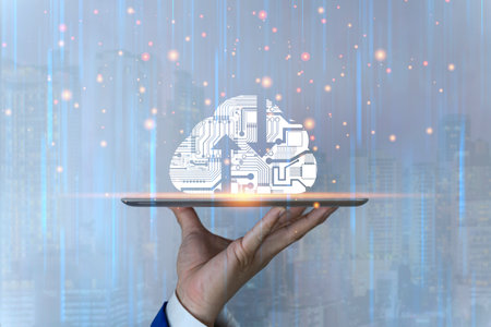 Cloud computing technology and online data storage for shrewd business network concept . Computer connects to internet server service for cloud data transfer presented in 3D futuristic graphic .の写真素材