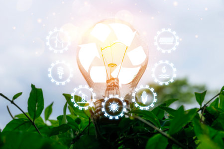 Light bulb in bush with recycle symbol inside against with icons energy sources for renewable, sustain development. Environmental protection. Plant growing in the bulb conceptの写真素材