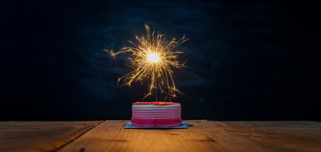 Success celebration concept. The cake on the table has a fireworks that illuminates the light and looks amazing. Sparklers on dark background, selective focus. Panoramaの写真素材