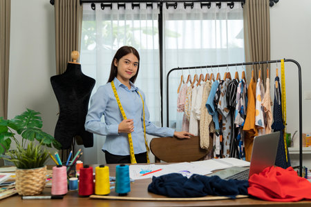 Designer concept.The dressmaker is designing an evening dress in the room.The tailor is working at his best.Tailor woman measuring shirt sleeve using tape meter,working in dressmaking studioの写真素材