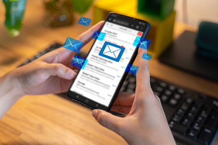 Woman sending email by smartphone to customer, business contact and communication, email icon, email...
