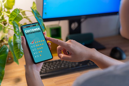 Consumer online review concepts with bubble people review comments and rating or feedback for evaluate. Customer can evaluate quality of service leading to reputation ranking of business.の写真素材