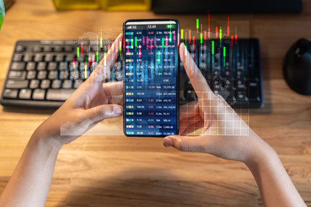 Businesspeople press the phone to communicate in the Internet Stock chart Researching process.Business working startup modern office Laptop global strategy virtual Icon.Innovation graphs Interfacesの写真素材