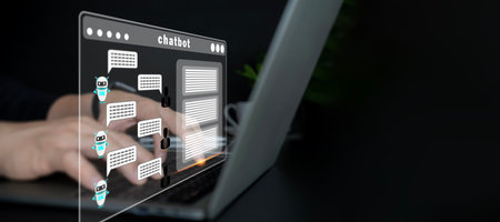 AI. Chatbot smart digital customer service application concept. Computer or mobile device application using artificial intelligence chat bot automatic reply online message to help customers instantly.の写真素材