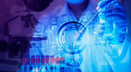 Double exposure microscope Young woman scientific using equipment for research. Genetic research and Biotech science Concept. Human Biology and pharmaceutical technology on laboratory background.の写真素材