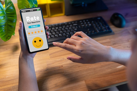 Female customer gives a five-star rating on their smartphone, satisfaction, customer service experience. Service Rating Reviews and Satisfaction Survey Concept.の写真素材