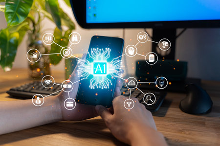 Multi exposure of mans hands holding and using a digital device and data theme drawing. Innovation concept. Double exposure of social network sketch hologramの写真素材