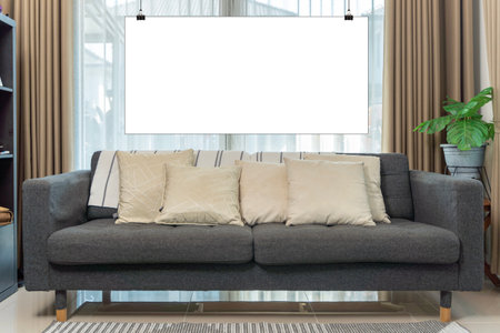 Mock up poster frame in modern interior. Mockup frame in cozy coastal style home interior, 3d renderの写真素材