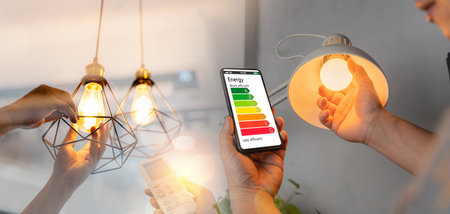 Man change a new electric bulb, open air conditioning 26 degrees make a home more energy efficient....