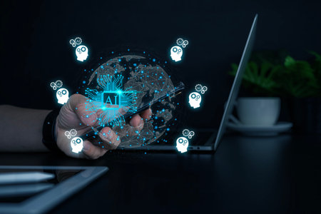 Polygonal brain shape of an artificial intelligence with various icon of smart city Internet of Things Technology over Asian businesswoman hand using the smart mobile phone,AI and business IOT conceptの写真素材