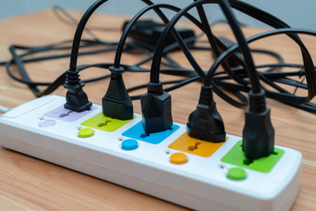 Socket strip and connected plugs on background. Many plugs connected to the power strip with individual switches. Surge protector with connected white wires of electrical appliances. Free spaceの写真素材