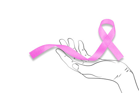 Cropped shot of woman holding pink ribbon isolated on white, breast cancer awareness concept. Partial view of woman holding in hands pink breast cancer sign on white backgroundの写真素材