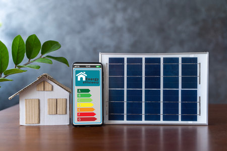 Energy efficiency mobile app on screen rating with arrows and house, text. Smart home display and model house with solar panel, energy efficient technology concept.の写真素材