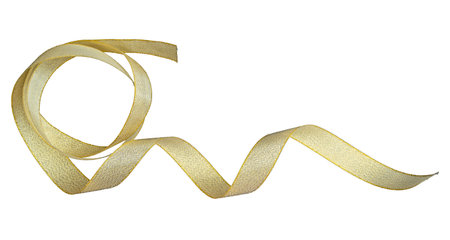Golden wavy ribbon isolated on white. Holidays decoration concept, with clipping path. Shiny golden ribbon winded in spiral pattern on white background. Backdrop for text or announcementの写真素材