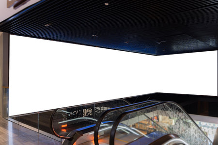 Horizontal, blank white, empty billboard hanging on tilled wall on subway station, mall or shopping center corridor 3d realistic vector illustration. Product advertising, promoting in public placeの写真素材