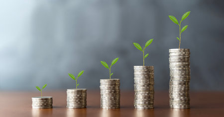 Plant tree growing out of a coins investment and saving concept. Money coins Steps and tree growing on coins with dark background ,Business Finance and Money investment conceptの写真素材