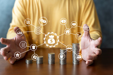 Saving energy and money. Idea for save or investment. Hope of investor concept. Male business hand putting money coin stack growing business in office, finance accounting.の写真素材