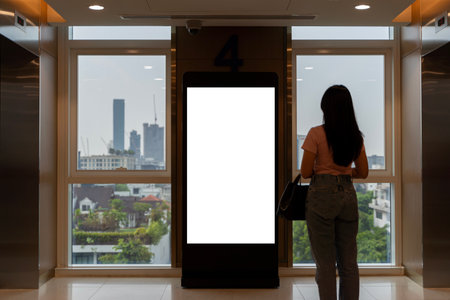 Mock up large blank vertical light box between wrist watch shop and elevator in modern building, empty space for advertising or information, advertising conceptの写真素材