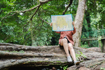 Woman hiking and looking at map outdoors in nature. Travelers explore the mountainous forest map....