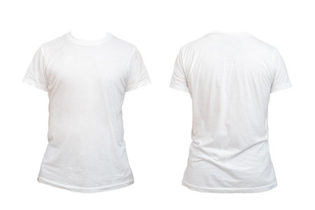 Blank white t-shirt template for men, from two sides, natural shapes on invisible mannequin, for mockup of your design for printing isolated on white background. Clipping pathの写真素材
