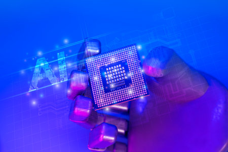 A close-up of a robotic hand, made of metal and with long holding a CPU in its palm. The hand is made of metal and has long, thin fingers. The CPU is glowing in the dark, and the background is blue.の写真素材