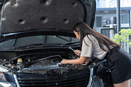 A woman using tools to fix her car and she is using a wrench to tighten a lug nut. The woman may be changing a tire or fixing another part of the car.の写真素材
