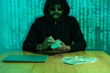Data theft concept. A person looking at the computer screen with a worried expression. A stack of dollar bills, symbolizing the financial losses that can result from data theft.の写真素材