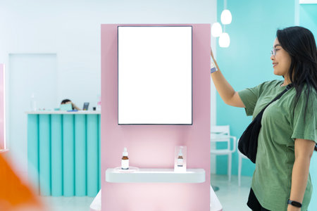 Mock up blank square shape signboard with clipping path on glass panel of cosmetic shop, empty space...