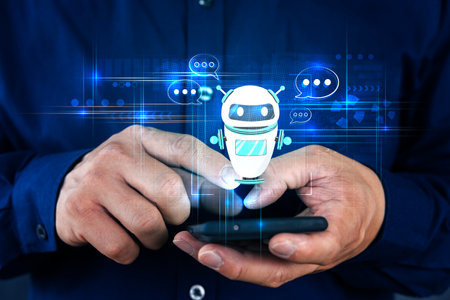 Hand touch Digital chatbot to access information and data in the online network. Robot Applications and Global Connectivity AI Artificial Intelligence Innovation and technology.の写真素材
