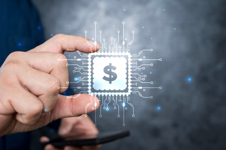 Financial technology, online banking. Person using smartphone with Fintech icon on virtual screen....