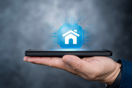 Smart home control concept. remote home control online home automation system. Businessman holding...