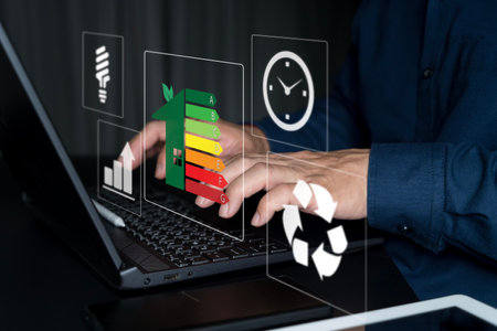 Home improvement concept, Hand of businessman using laptop with energy efficiency rating, ecological and bioenergetic house, efficiency scale.の写真素材