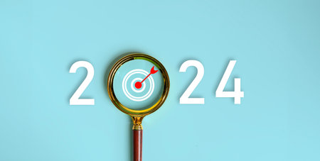 Happy new year 2024 with business concept banner. The big white 2024 year number with Target icon...