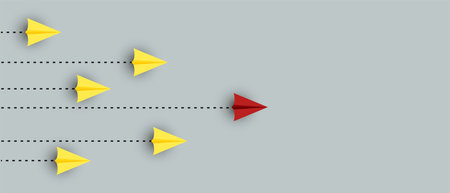 Paper airplanes. red plane changing road. Different thinking, Business leader, personality development idea concept.の写真素材