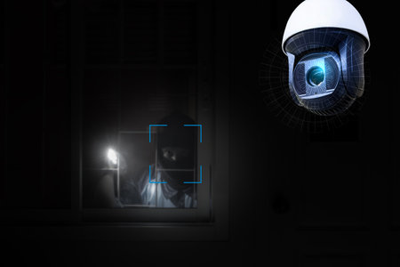 Thief use crowbar break into a house at window being caught by CCTV, surveillance camera. Burglar thief robbing house criminal activity robbery burglary mask crime scene stealing mugger security.の写真素材