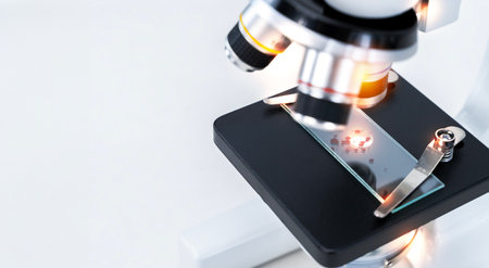 Medical laboratory, scientist hands using microscope for chemistry test samples, examining samples...