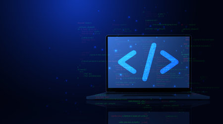 Abstract programming code icon on a laptop screen in light blue low poly futuristic style on...