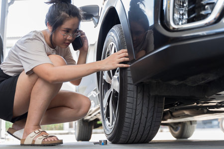 Mechanic checks tire pressure in a wheel of a vehicle. Empowering woman working in a clean modern car repair shop. Specialists inflate the wheel after repairing an automobile component.の写真素材