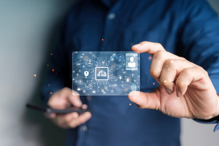 Hand of businessman holding digital identification card and technology network and communication...