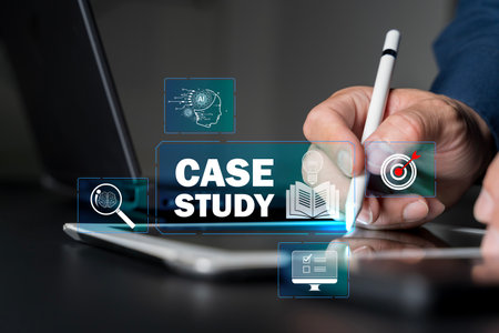 Case Study Education concept, Business person hand touching case study icon on virtual screen. Businessman focused on case study. study online, e learning.の写真素材