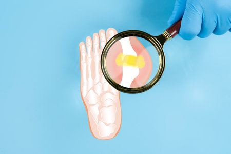 Human foot skeleton viewed through a magnifying glass isolated on top. Medical illustration for education. Gout concept. Close-up of joint with inflammatory arthritis.の写真素材