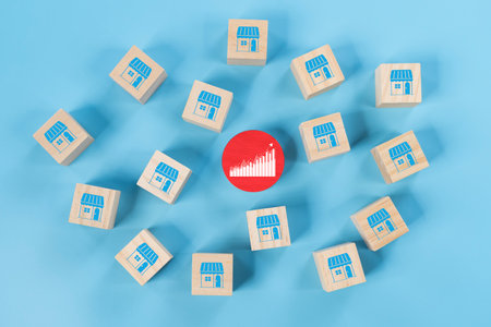 Franchise expansion  wooden blocks display store icons for e commerce and digital marketing...